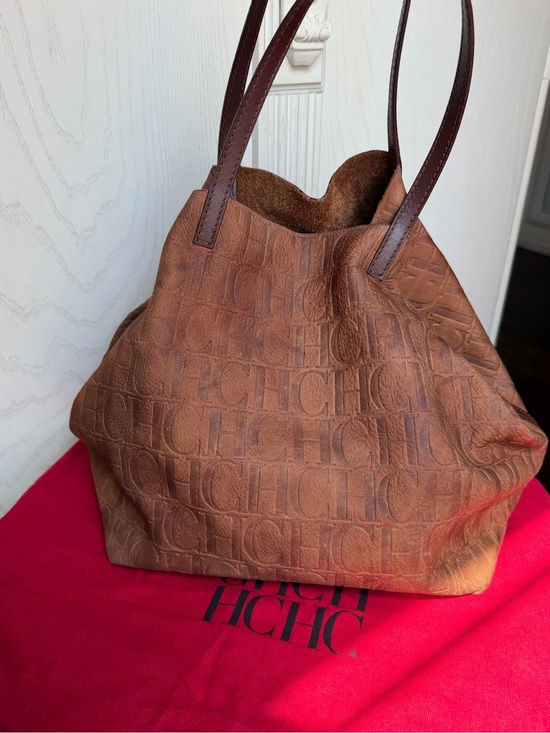 Carolina Herrera Handbags - Carolina Herrera Tan Embossed CH Monogram Shoulder Tote Bag
